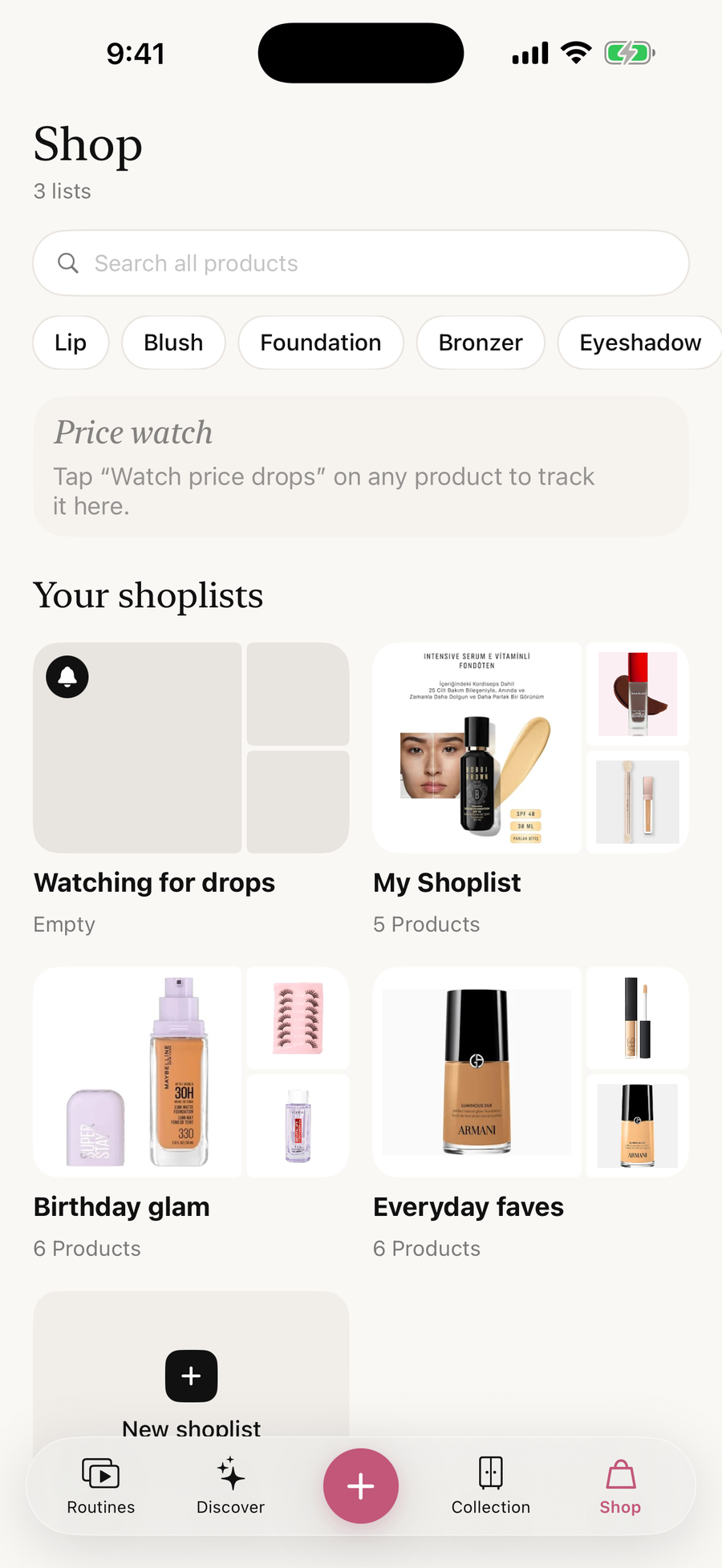 Shop: search, price watch and shoplists